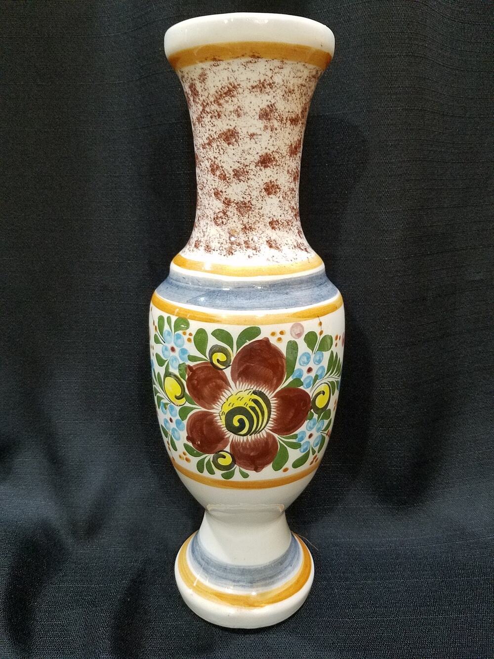 Vintage Tall Ceramic Vase with Hand Painted Flower and Accents